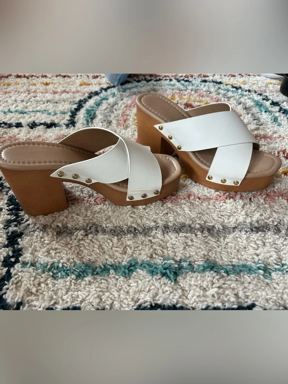 Qupid White Crisscross Platform Sandals with Wood-Effect Heel